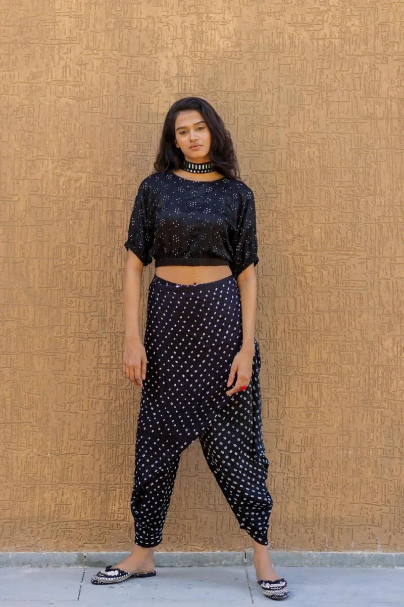 BANDHANI WRAP DHOTI-BLACK silk by Dyelogue in black color for women Worldwide