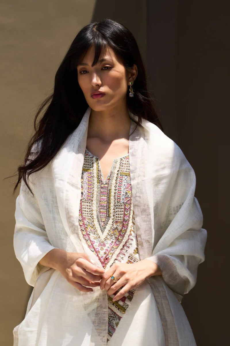Afra Hand-Embroidered Kurta - Ivory linen by Manan in white color for women Worldwide