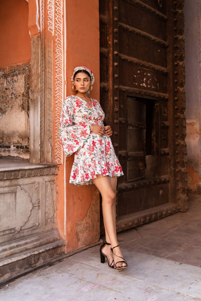 Raspberry & Ros�� Pink Summer Dress - Printed Cotton Mini Dress cotton Dress by Marche in white color for women Worldwide