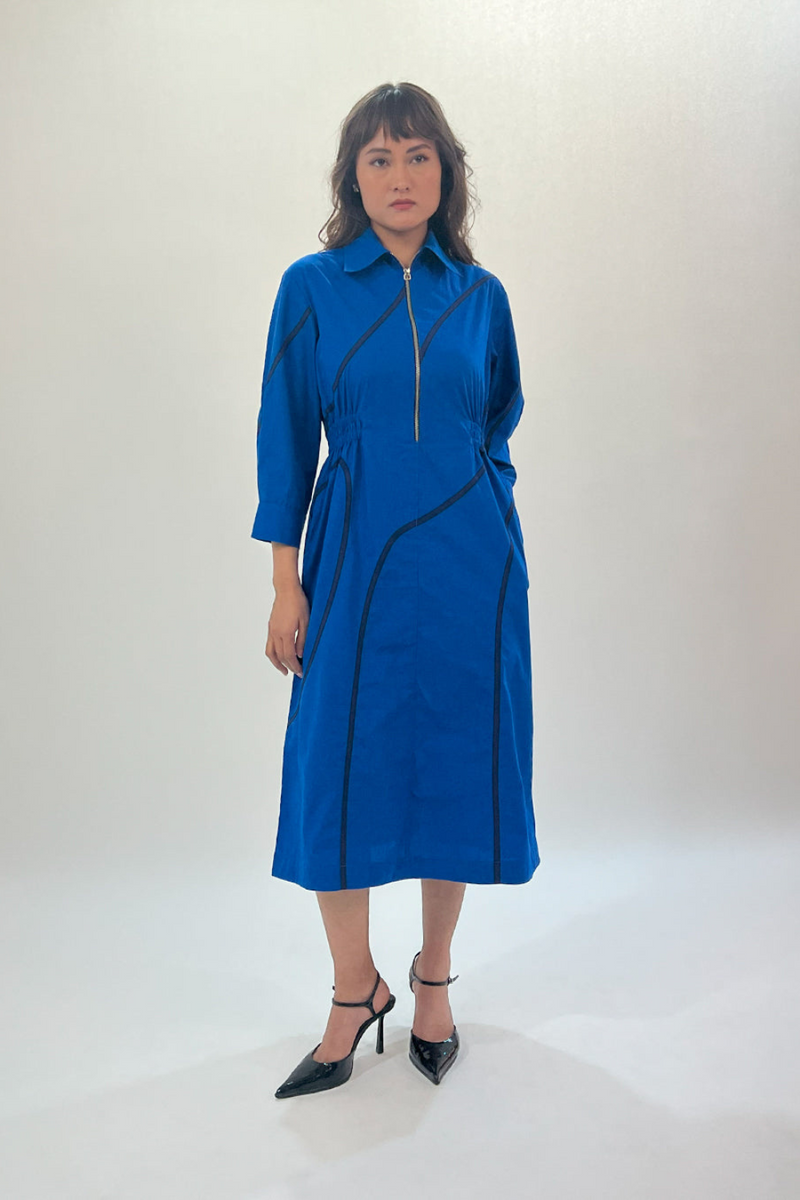 Yara tape dress-E.blue & Navy 100% cotton by Leh Studios in navy color for women Worldwide