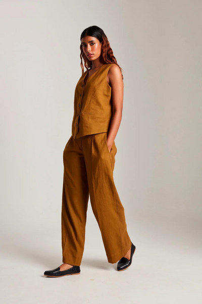 Olive Co-Linen Pleated Trousers