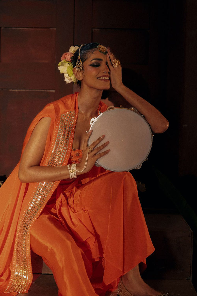 Mangala Blouse Skirt & Cape Set- Orange silk by PRAHNAAYA in orange color for women Worldwide