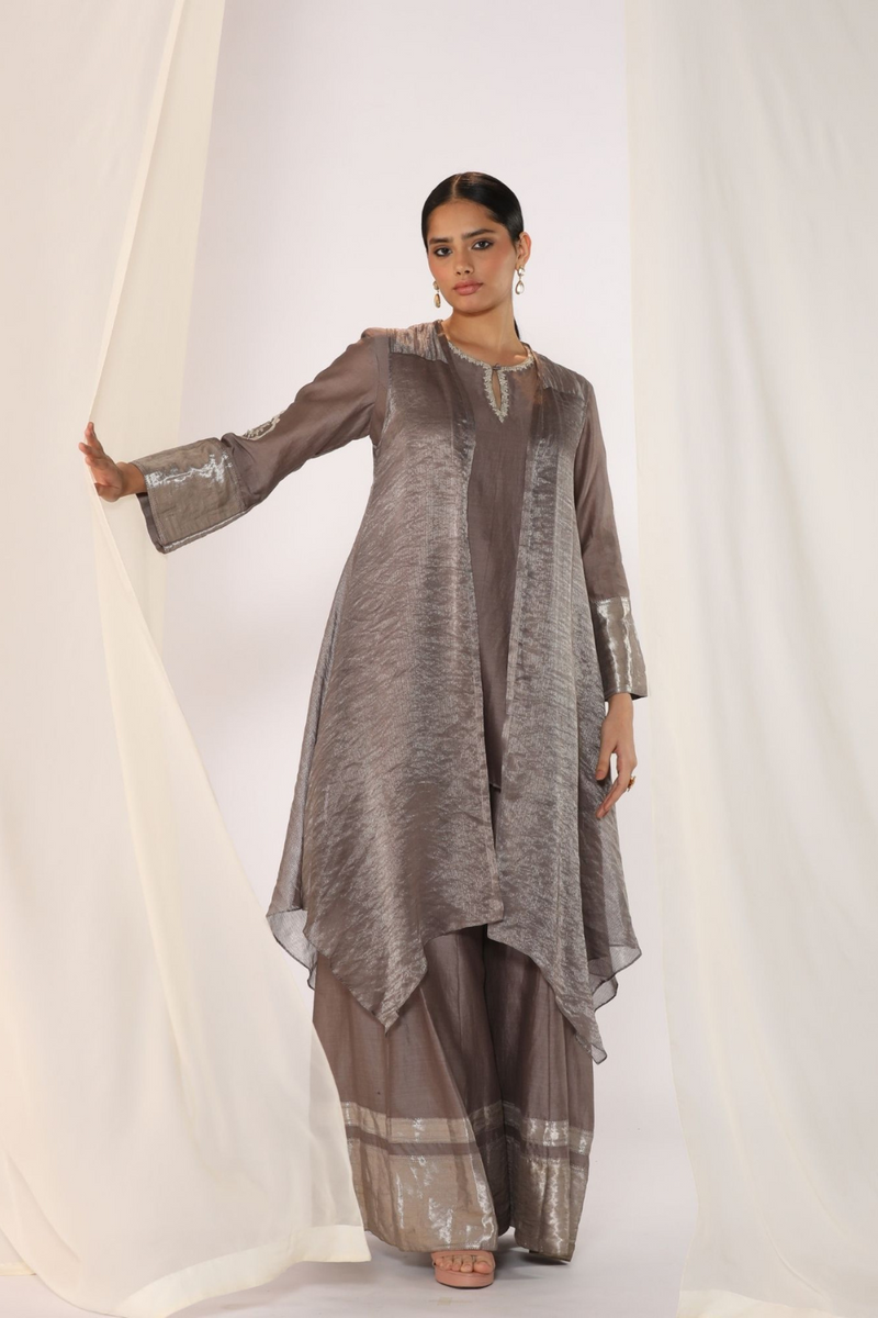 Embroidered silk kurta paired with tissue assymetric cape chanderi by Myoho in grey color for women Worldwide