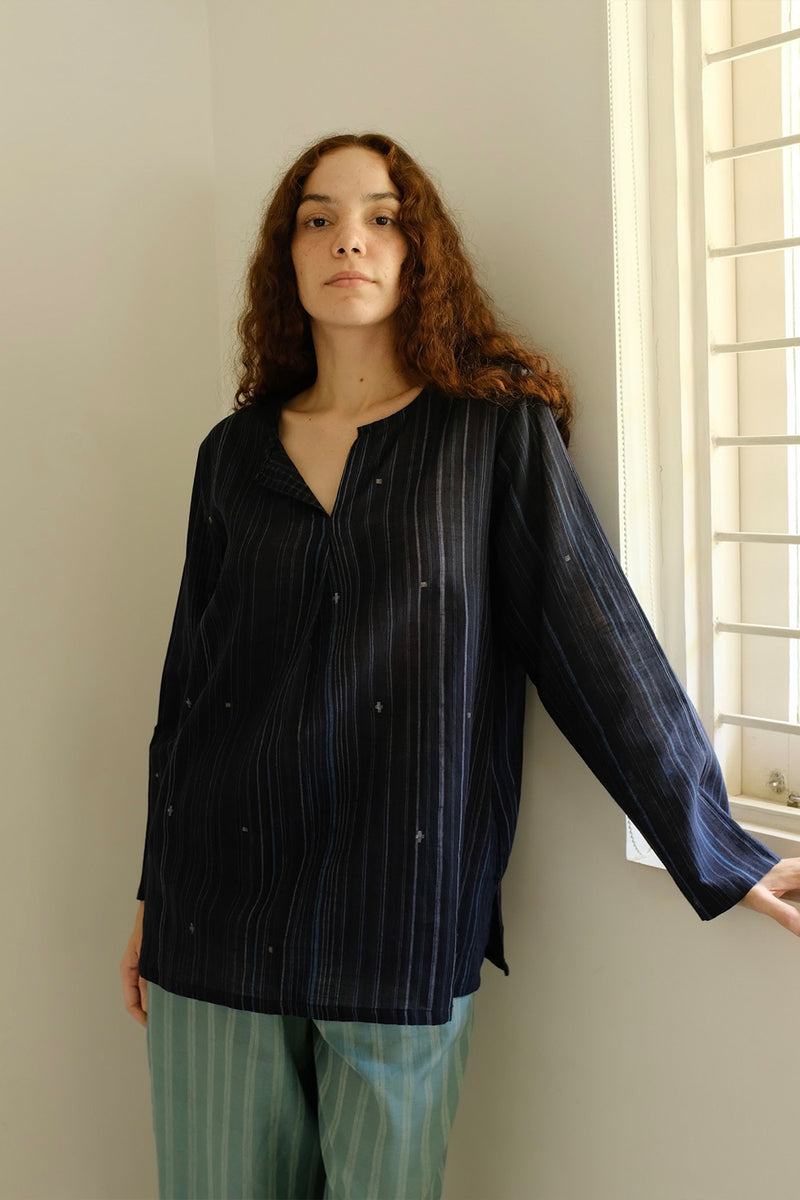 Maya-Midnight Jamdani Top cotton jamdani top/shirt by MASON AND MILL in blue for women Worldwide