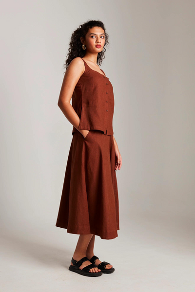 Mocha Co-Linen Side Slit Top & Skirt Set