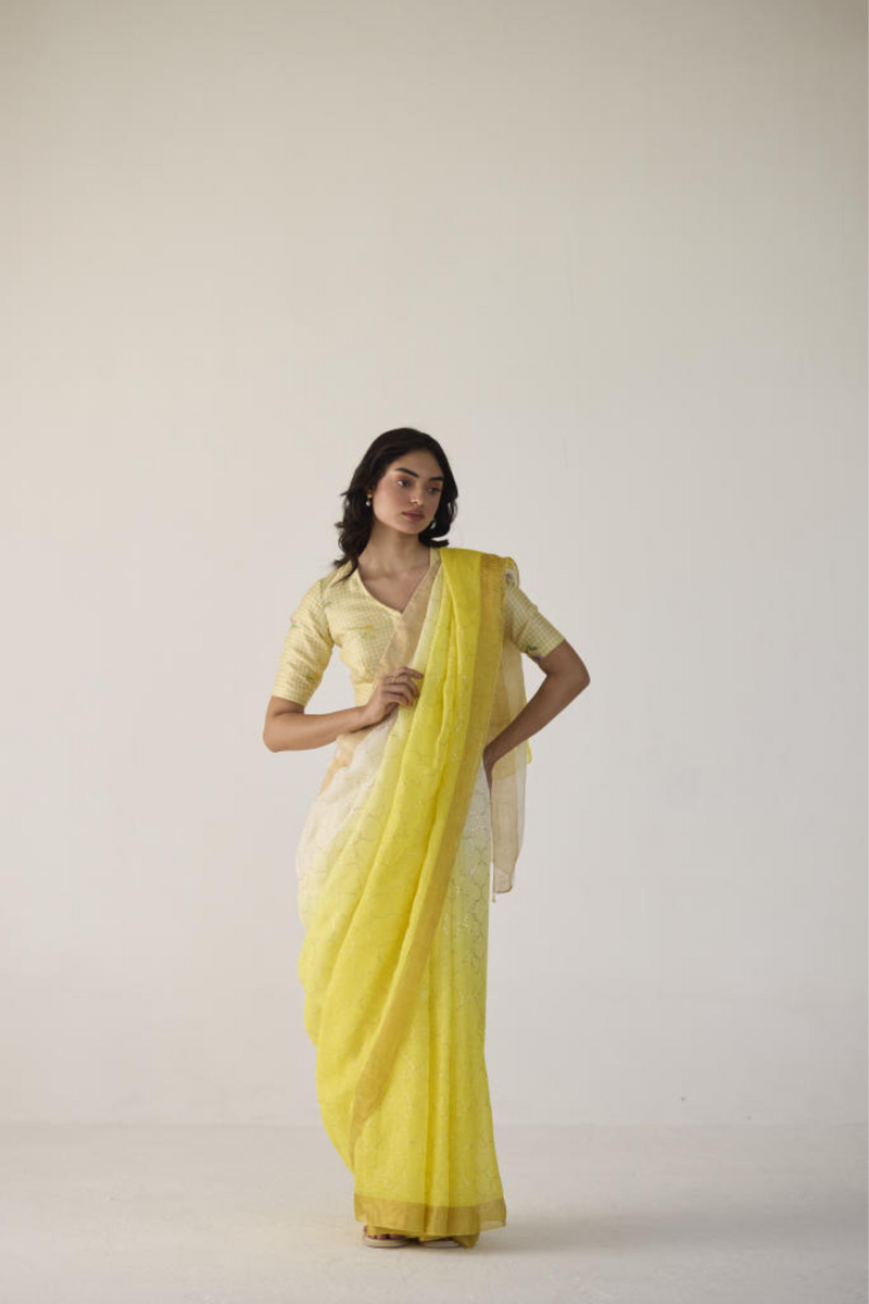 Yellow Ombre Linen Sari with Gold Dot Print by Nadiya Paar in yellow color for women Worldwide