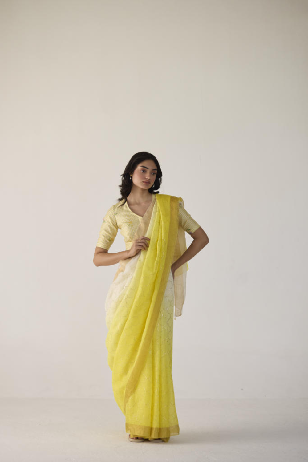 Yellow Ombre Linen Sari with Gold Dot Print