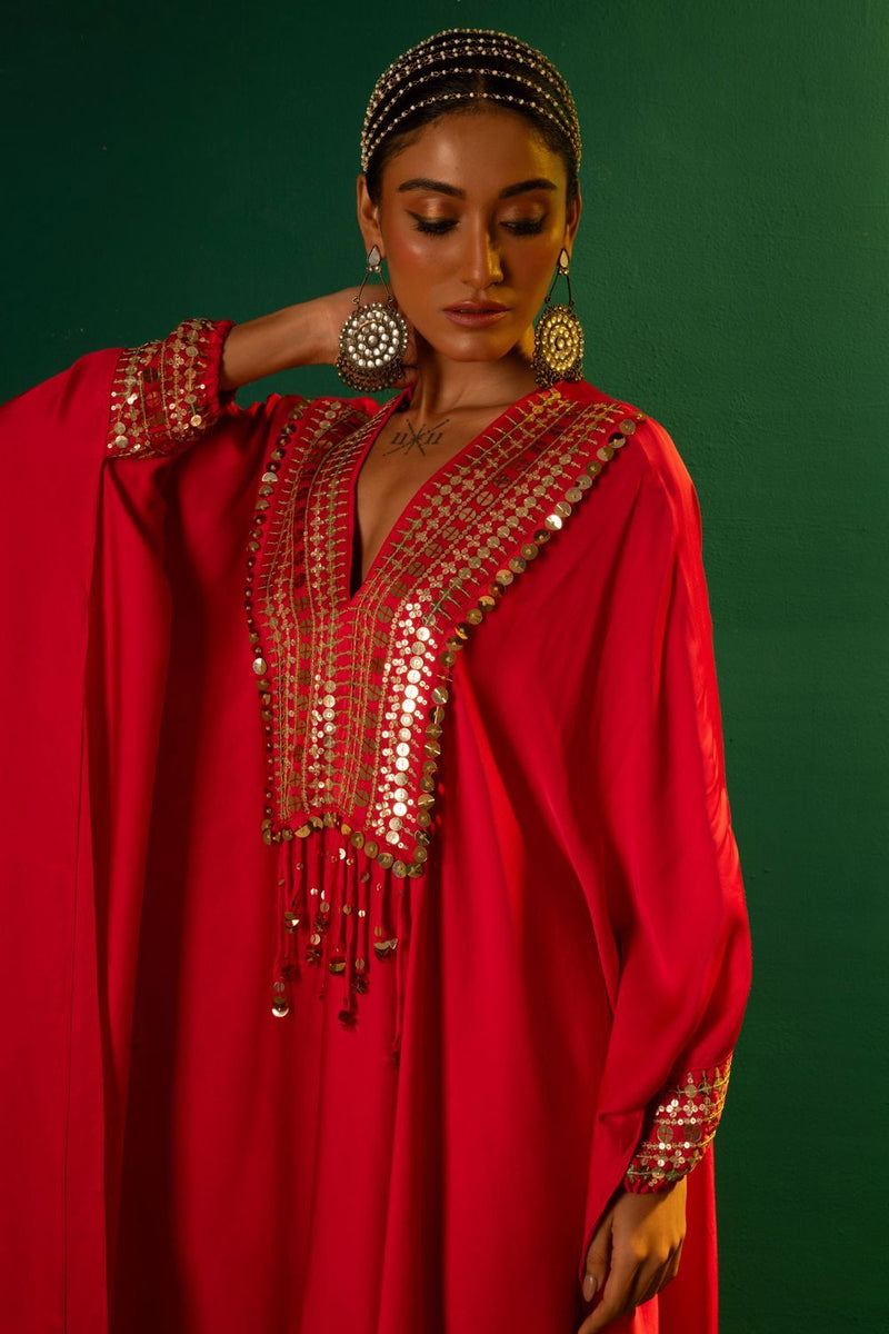 Chamakeen Morrocon Red Kaftaan with Pants satin by PRAHNAAYA in red color for women Worldwide
