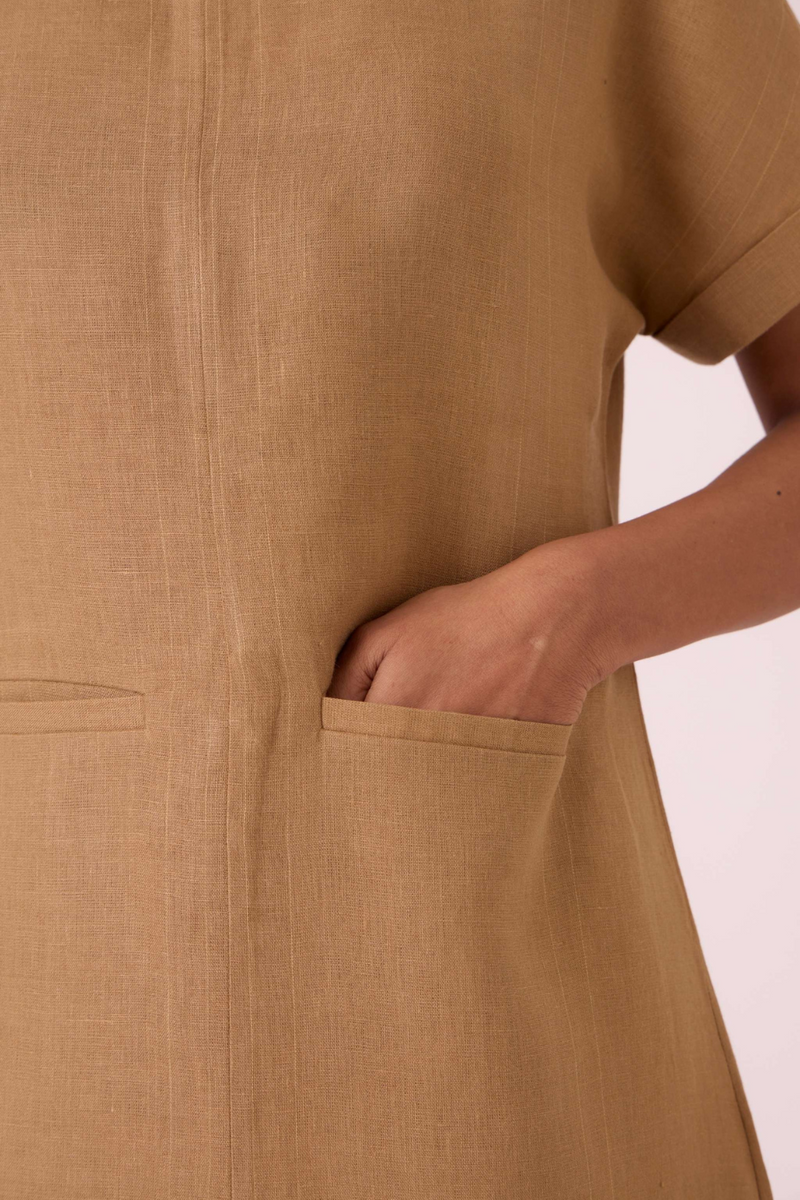 Salome Tan Linen Dress linen by The Summer House in olive color for women Worldwide