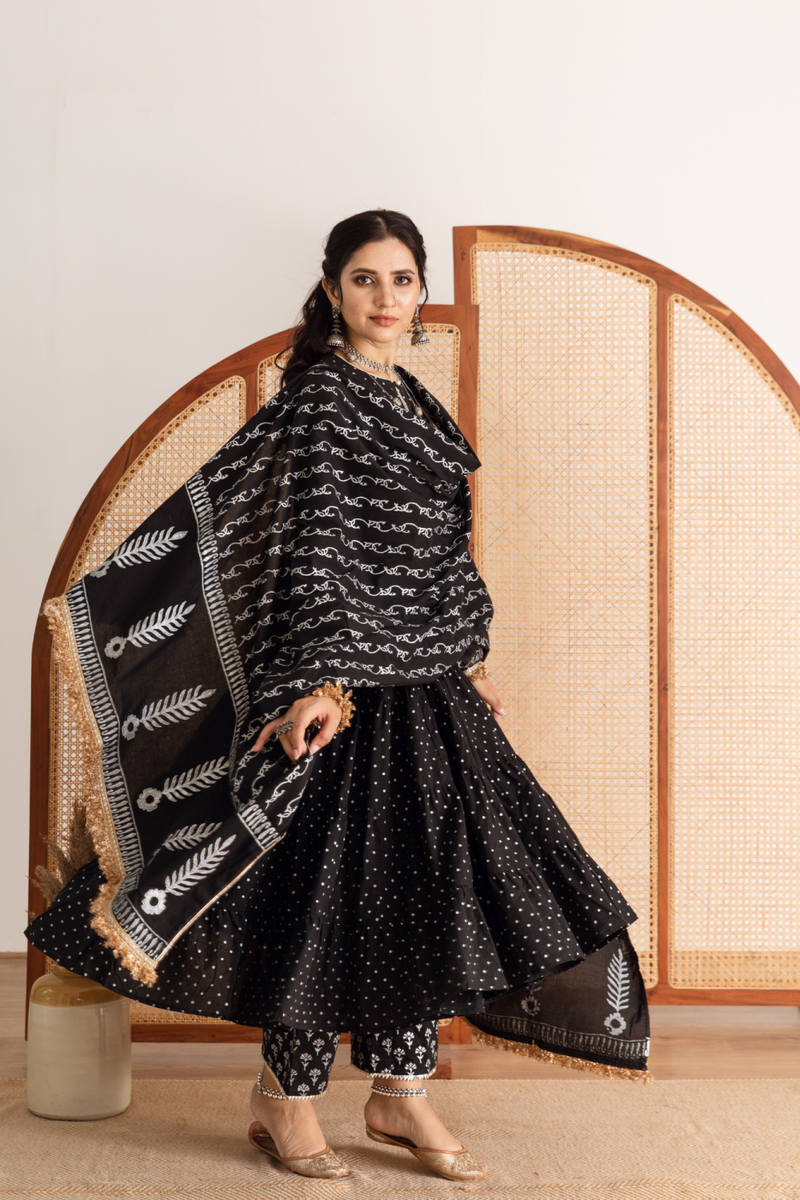 Raat Rani Set - black hand printed cotton kalidar suit set cotton by Maison Shefali in black color for women Worldwide