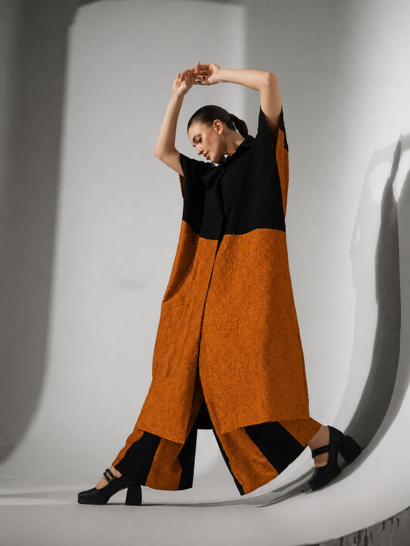 Union Pants-Black + Ochre crushed silk pant/trouser by Stoique in black, ochre for women Worldwide