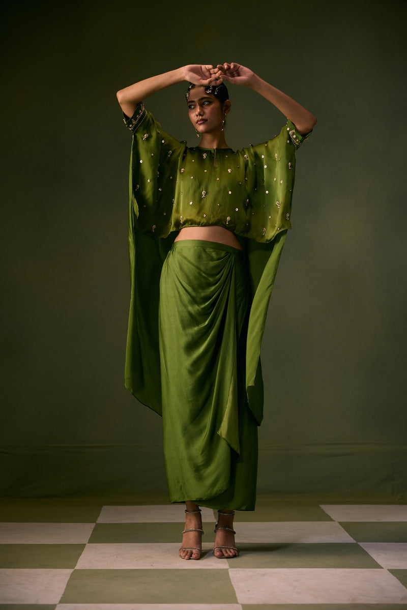 Nexa Lite Antifit Top with Wrap Skirt vegan satin, organza satin indo-western by PRAHNAAYA in green for women Worldwide