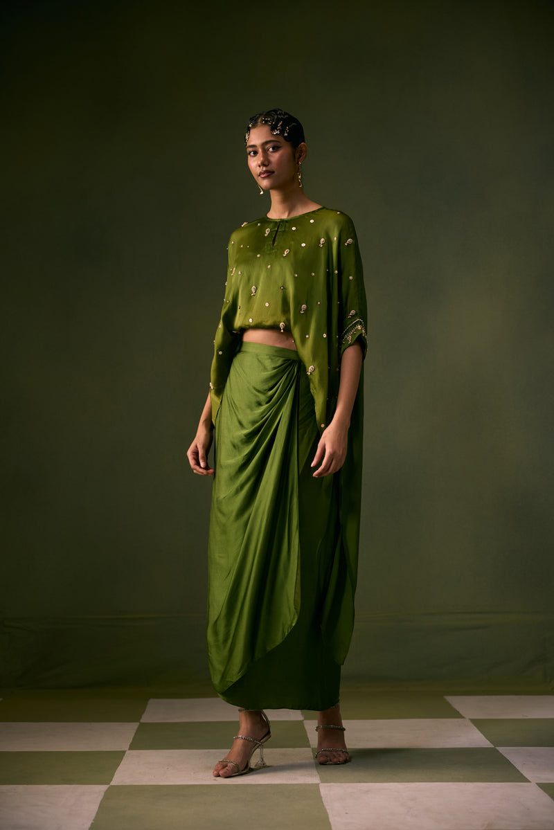 Nexa Lite Antifit Top with Wrap Skirt vegan satin, organza satin indo-western by PRAHNAAYA in green for women Worldwide