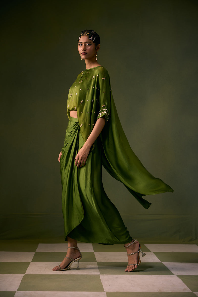 Nexa Lite Antifit Top with Wrap Skirt vegan satin, organza satin indo-western by PRAHNAAYA in green for women Worldwide