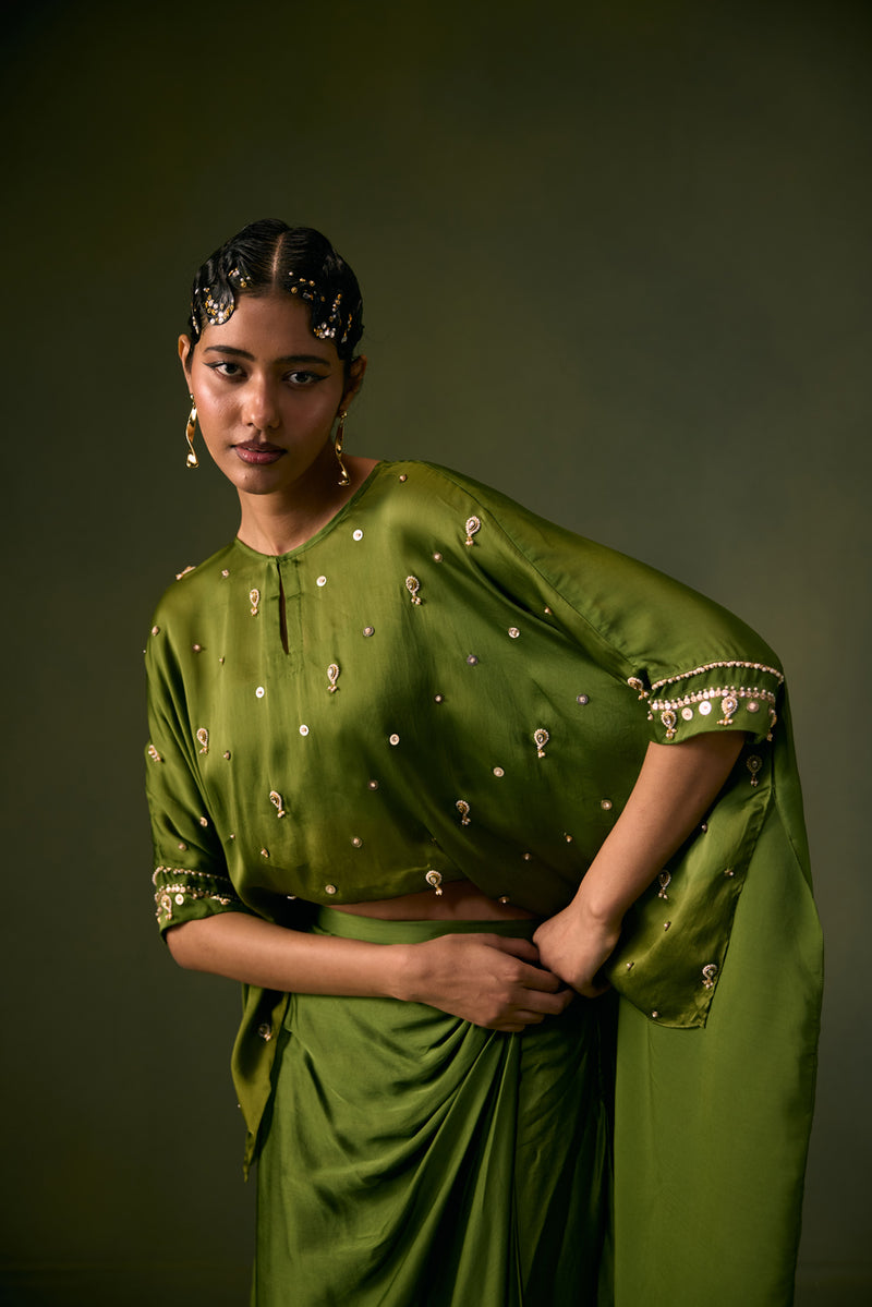 Nexa Lite Antifit Top with Wrap Skirt vegan satin, organza satin indo-western by PRAHNAAYA in green for women Worldwide