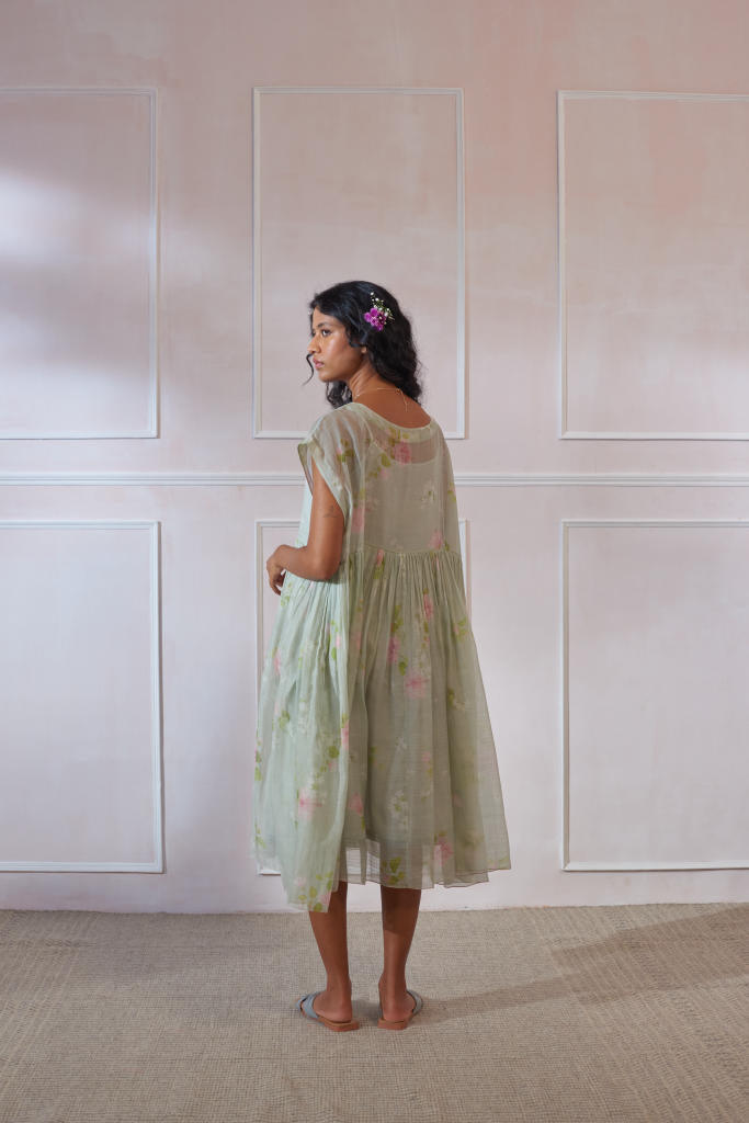 Hibiscus Tap Midi Dress silk by Nadiya Paar in green color for women Worldwide