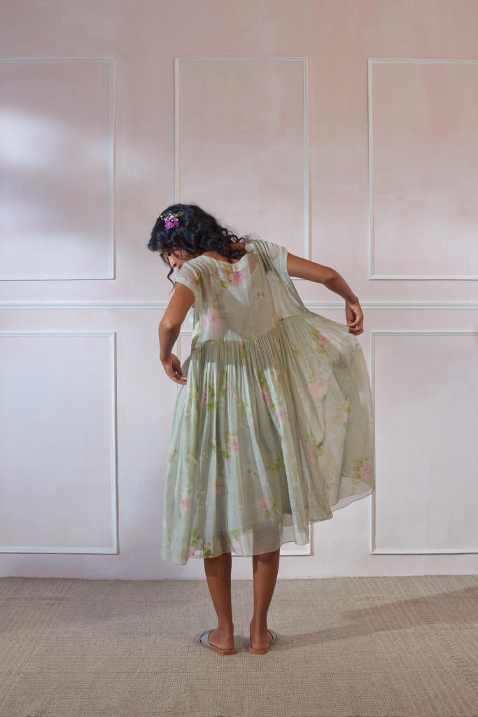 Hibiscus Tap Midi Dress silk by Nadiya Paar in green color for women Worldwide
