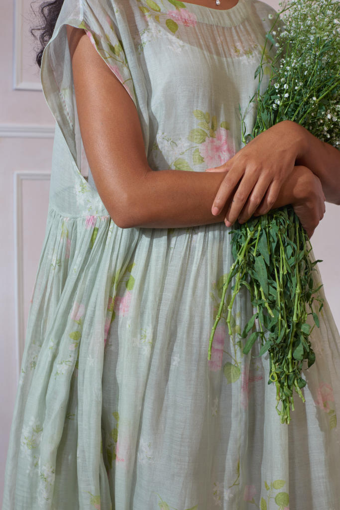 Hibiscus Tap Midi Dress silk by Nadiya Paar in green color for women Worldwide