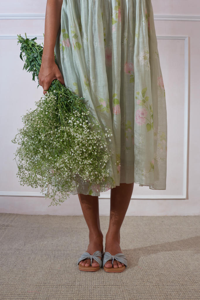 Hibiscus Tap Midi Dress silk by Nadiya Paar in green color for women Worldwide