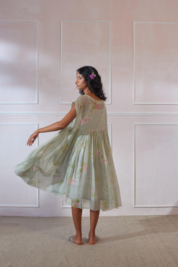 Hibiscus Tap Midi Dress silk by Nadiya Paar in green color for women Worldwide