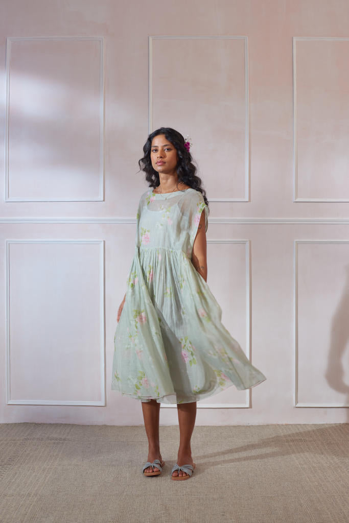 Hibiscus Tap Midi Dress silk by Nadiya Paar in green color for women Worldwide