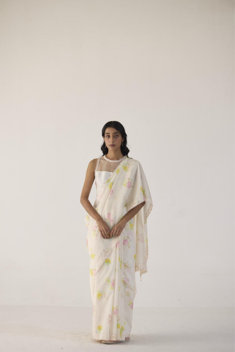 Valley Rose Silk and Cotton Chanderi Sari silk by Nadiya Paar in white color for women Worldwide