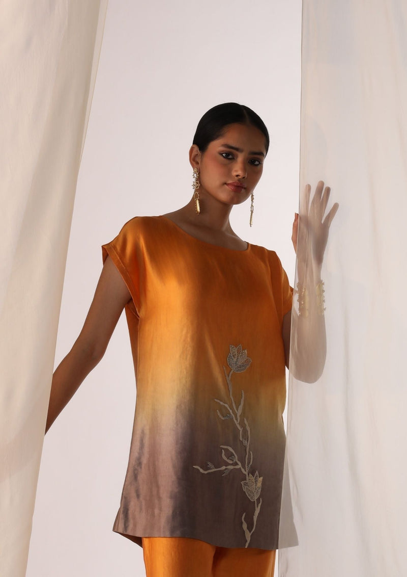 Linen satin ombre co-ord set with floral handwork satin by Myoho in orange color for women Worldwide