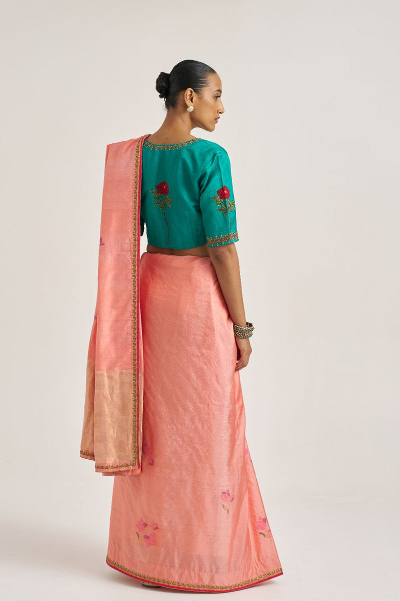 Charvi Sari silk by Suparna Som in peach color for women Worldwide