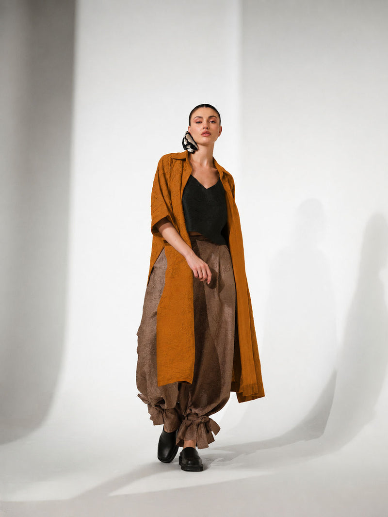 Grain Overlay-Ochre + Black crushed silk jacktes and overlays by Stoique in ochre, black for women Worldwide