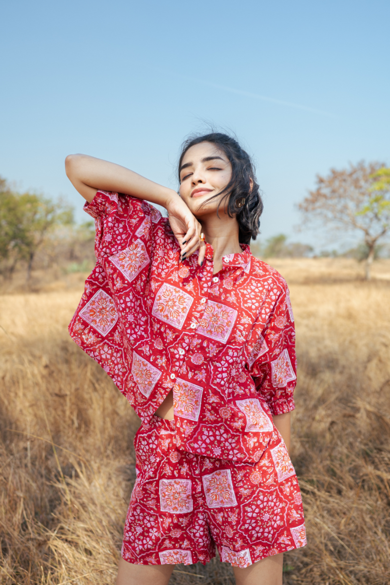 Bikaner Co-Ord Set - Handblock Printed Cotton Co- Ord Set cotton by Marche in red color for women Worldwide