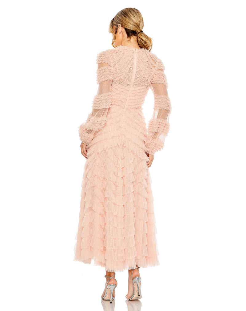 MD-8057 Overlay Frilled Dress-Peach by Mac Duggal in peach color for women Worldwide