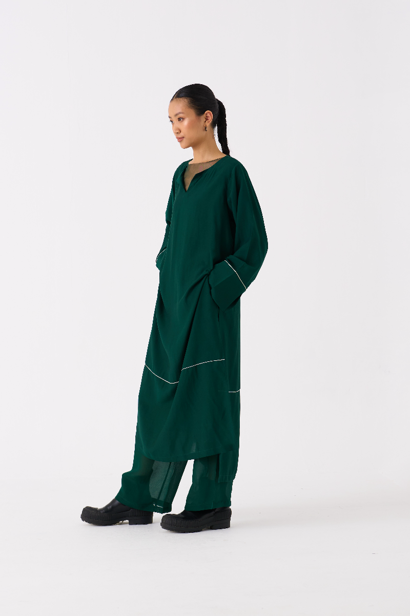V-NECK KAFTAN- DARK GREEN bemberg by THREE in green color for women Worldwide