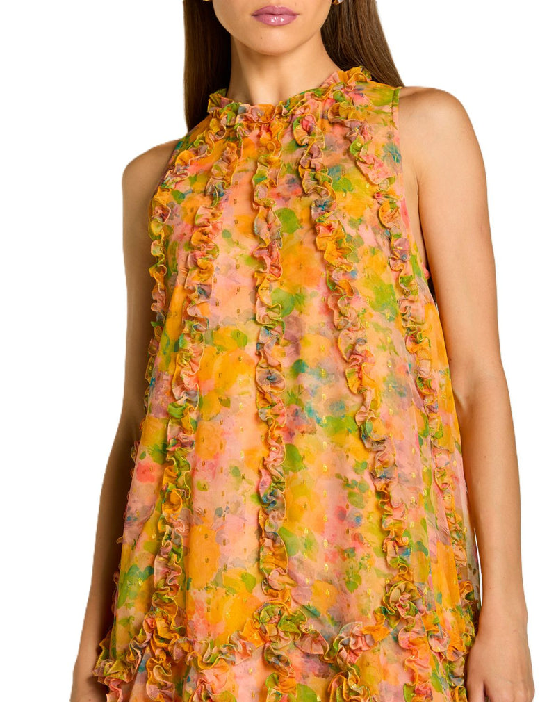 8103 - Mango Sleeveless Floral Chiffon Micro Ruffle Midi Dress chiffon by Mac Duggal in orange color for women Worldwide