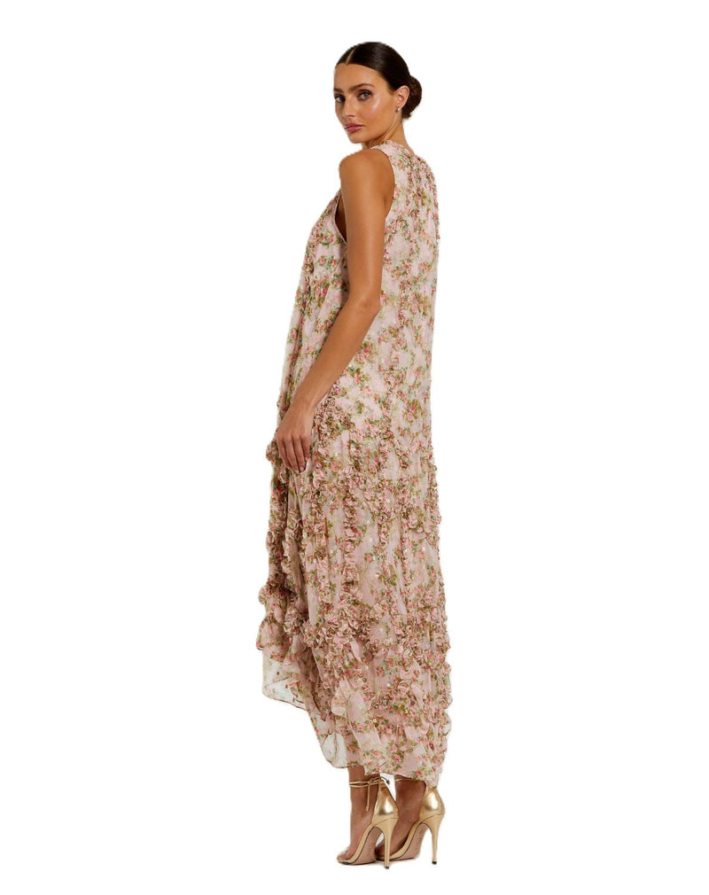 8103 - Pink Sleeveless Floral Chiffon Micro Ruffle Midi Dress chiffon by Mac Duggal in pink color for women Worldwide