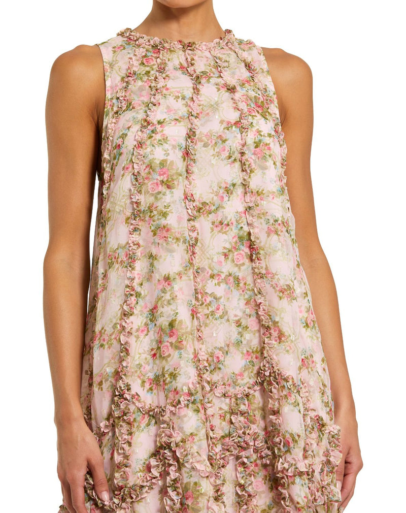 8103 - Pink Sleeveless Floral Chiffon Micro Ruffle Midi Dress chiffon by Mac Duggal in pink color for women Worldwide