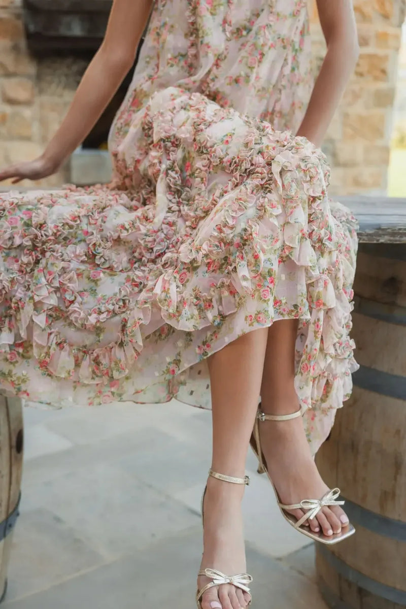 8103 - Pink Sleeveless Floral Chiffon Micro Ruffle Midi Dress chiffon by Mac Duggal in pink color for women Worldwide