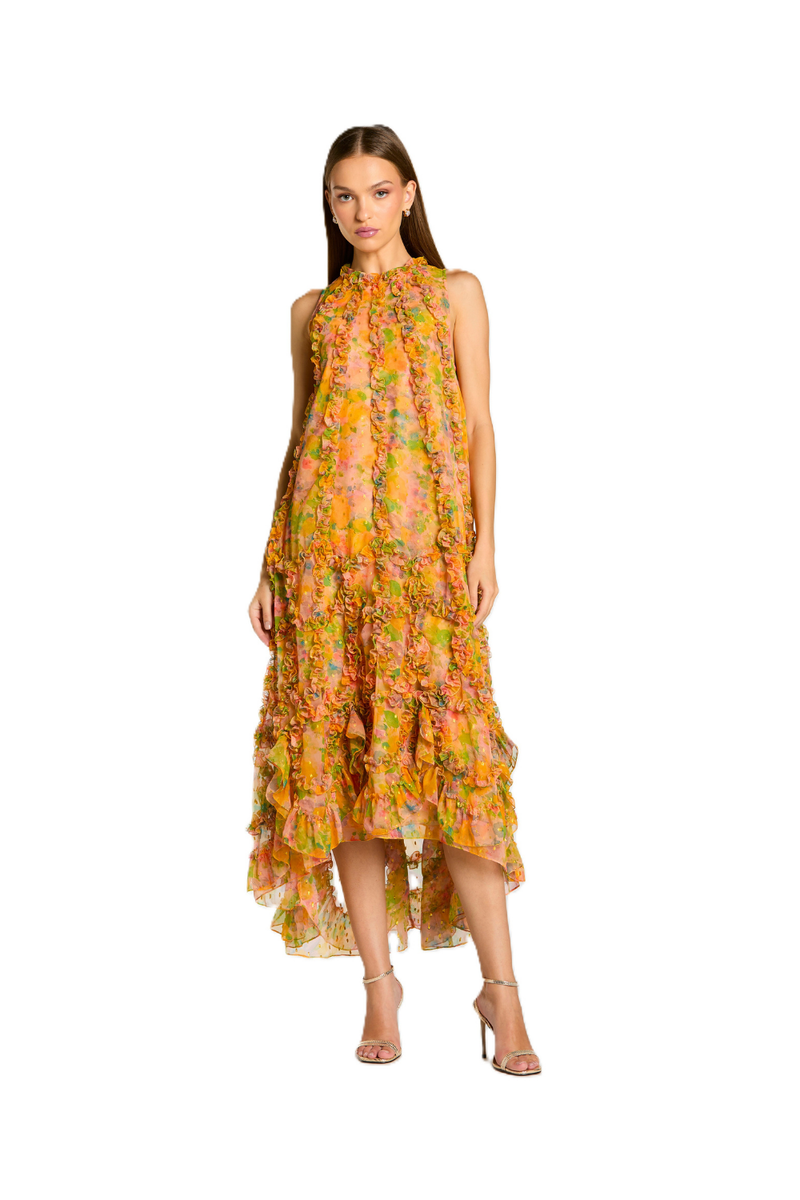 8103 - Mango Sleeveless Floral Chiffon Micro Ruffle Midi Dress