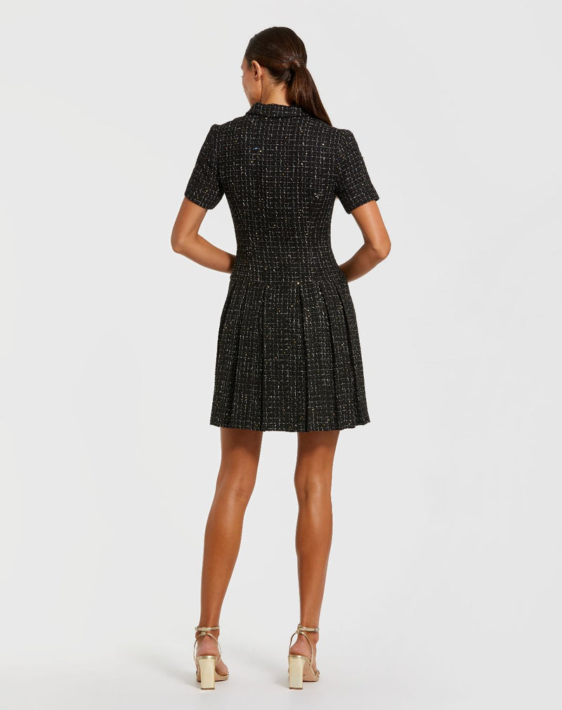 81200-Black Short Sleeve V Neck Tweed Blazer Mini Dress by Mac Duggal in black color for women Worldwide