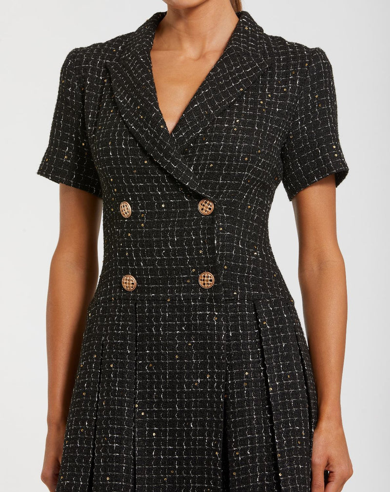 81200-Black Short Sleeve V Neck Tweed Blazer Mini Dress by Mac Duggal in black color for women Worldwide
