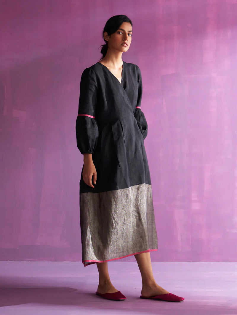 Zaina Metallic Wrap Dress - Black linen by Manan in black color for women Worldwide