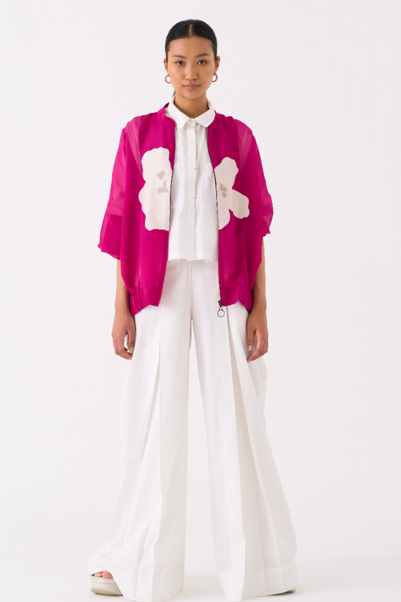 FLORAL APPLIQUE BOMBER JACKET CO-ORD (SET OF 3)-FUSCHIA poplin by THREE for women Worldwide