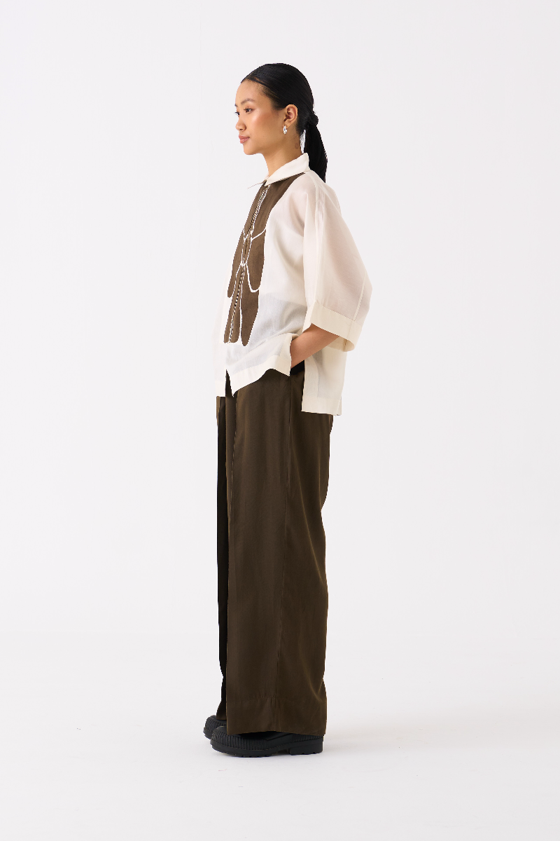 FLORAL APPLIQUE SHIRT-IVORY chanderi by THREE in ivory color for women Worldwide