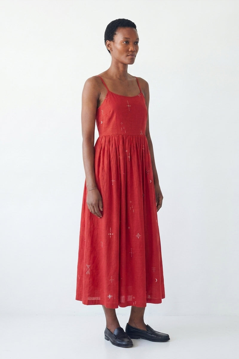 The Block Bloom Midi Dress-Red cotton jamdani dress by World of Crow in red for women Worldwide
