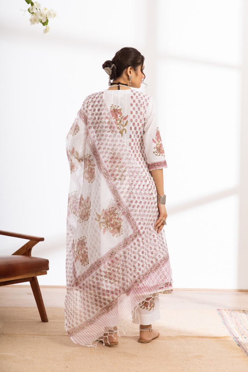 Himshweta - white hand block printed cotton kalidar set cotton by Maison Shefali in white color for women Worldwide