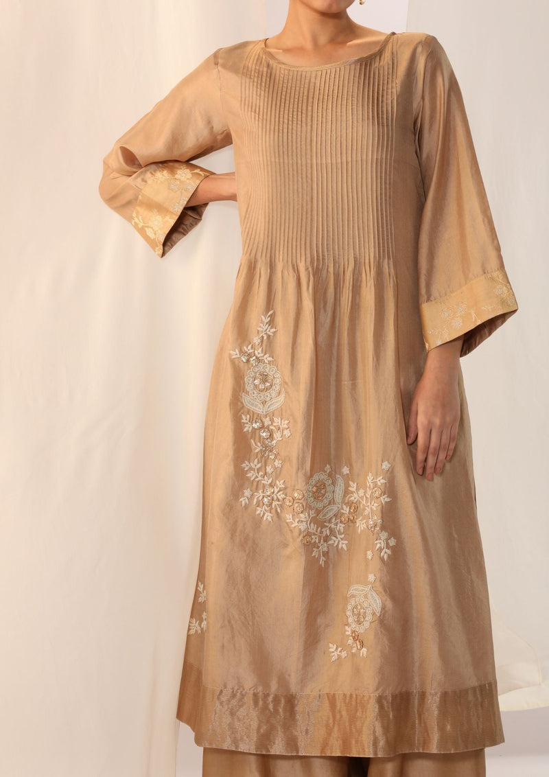 Silk kurta scatter embroidery and refined pintuck silk by Myoho in beige color for women Worldwide