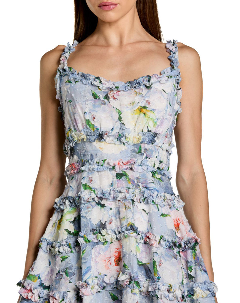 8257 - Blue Floral Square Neck Ruffled Cotton Mini Dress polyester cocktail/party dress by Mac Duggal in blue for women Worldwide
