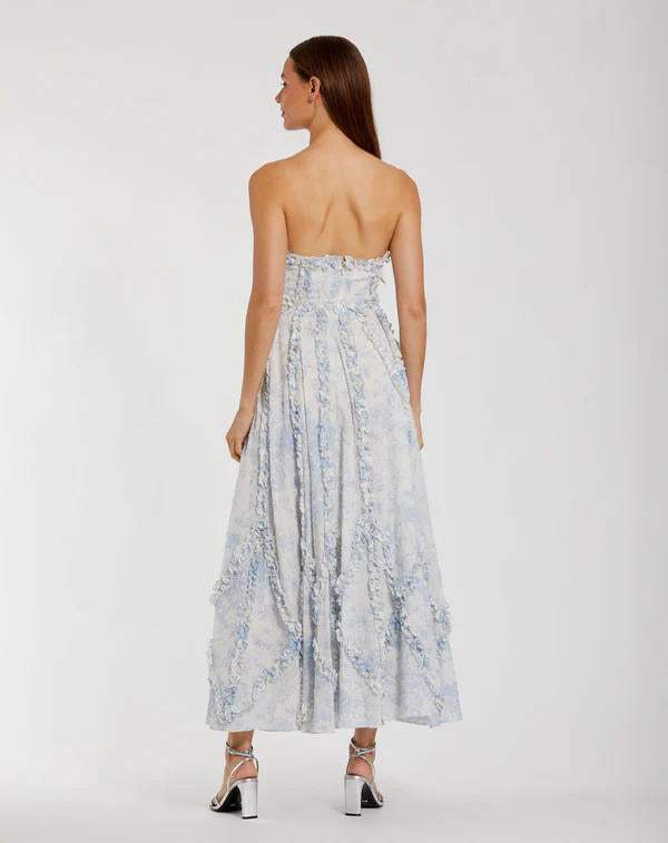 8265-Floral Cotton Ruffle Strapless Gown by Mac Duggal in blue color for women Worldwide