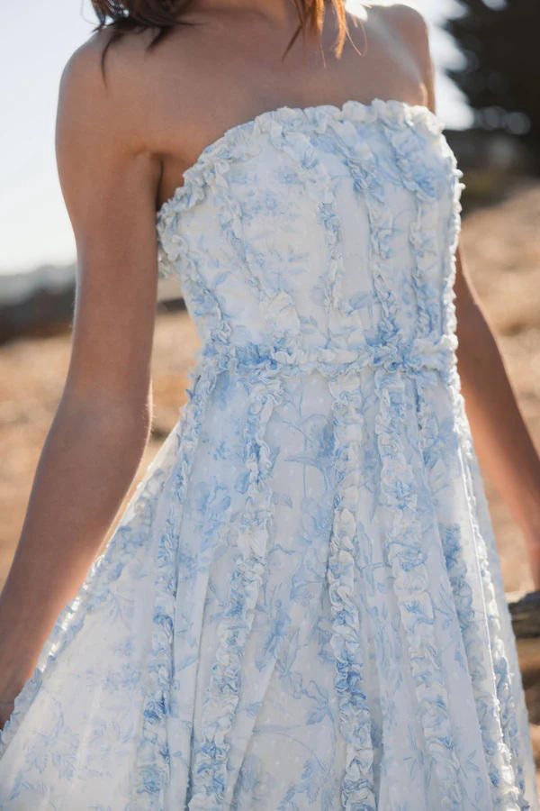 8265-Floral Cotton Ruffle Strapless Gown by Mac Duggal in blue color for women Worldwide