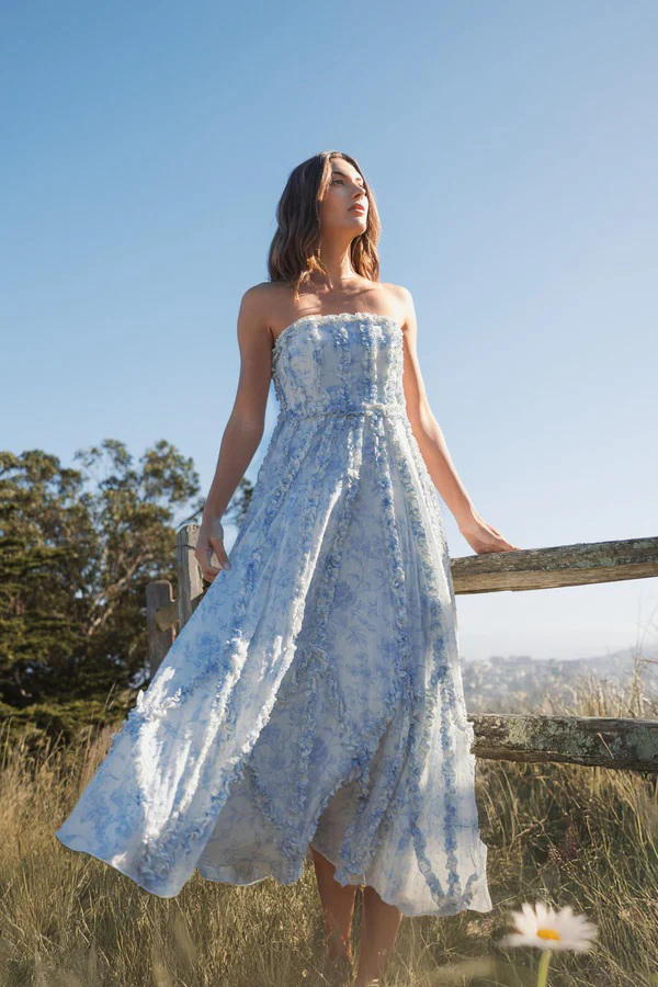 8265-Floral Cotton Ruffle Strapless Gown by Mac Duggal in blue color for women Worldwide