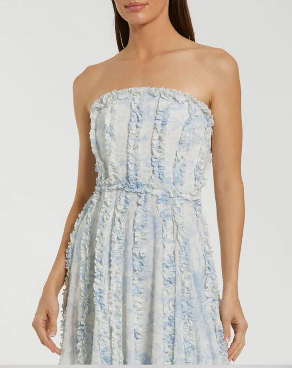8265-Floral Cotton Ruffle Strapless Gown by Mac Duggal in blue color for women Worldwide
